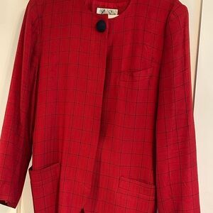 Vintage Women's Red Checked Collarless Jacket